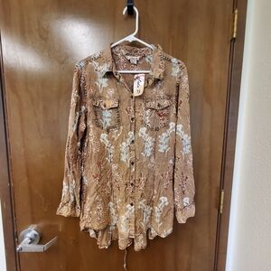 NWT Lola P. Women's Brown and Blue Floral Print Long Sleeve Blouse Size L